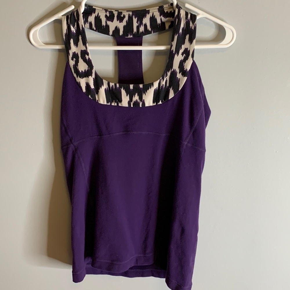 Lululemon Racerback activewear purple w/ black an white collar, some wear